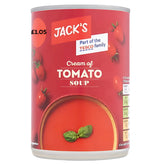 A 400g can of Jacks Cream of Tomato Soup, branded by Jacks, with a visible £1.05 price label on the top left.